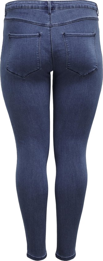 Blauwe skinny jeans, achterkant. Gedetailleerde naden op de achterzakken.
