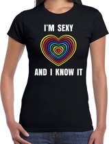 Regenboog hart Sexy and I Know It gay pride / parade zwart t-shirt voor dames - LHBT evenement shirts kleding / outfit 2XL