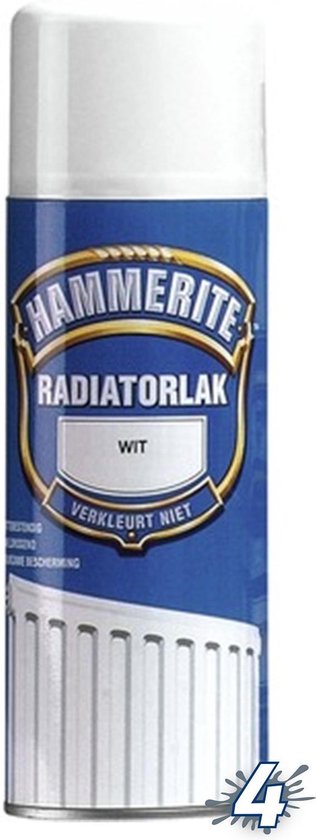 Hammerite Radiatorlak spuitbus wit. Afbeelding van een radiator op de bus.