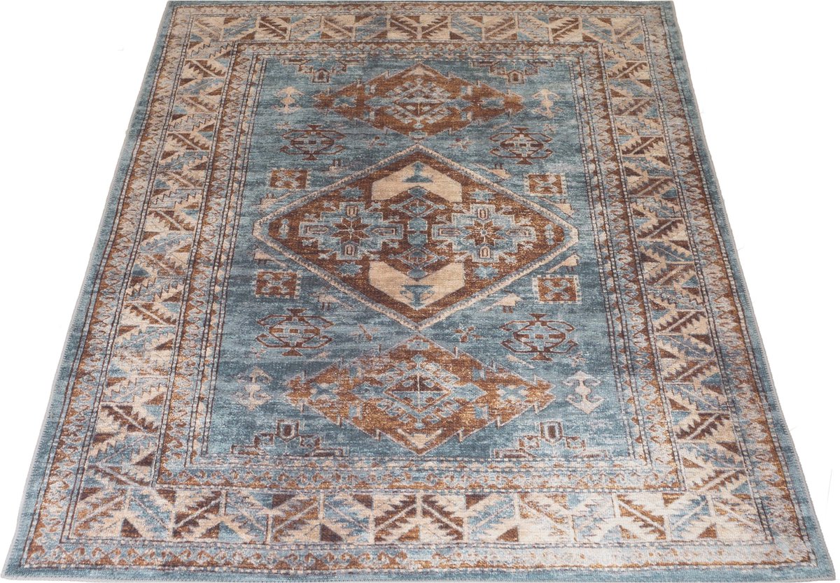 Veer Carpets Vloerkleed Laria Blue 3 - 160 x 230 cm - Laagpolig – Vintage / Klassiek Medaillon Blauw