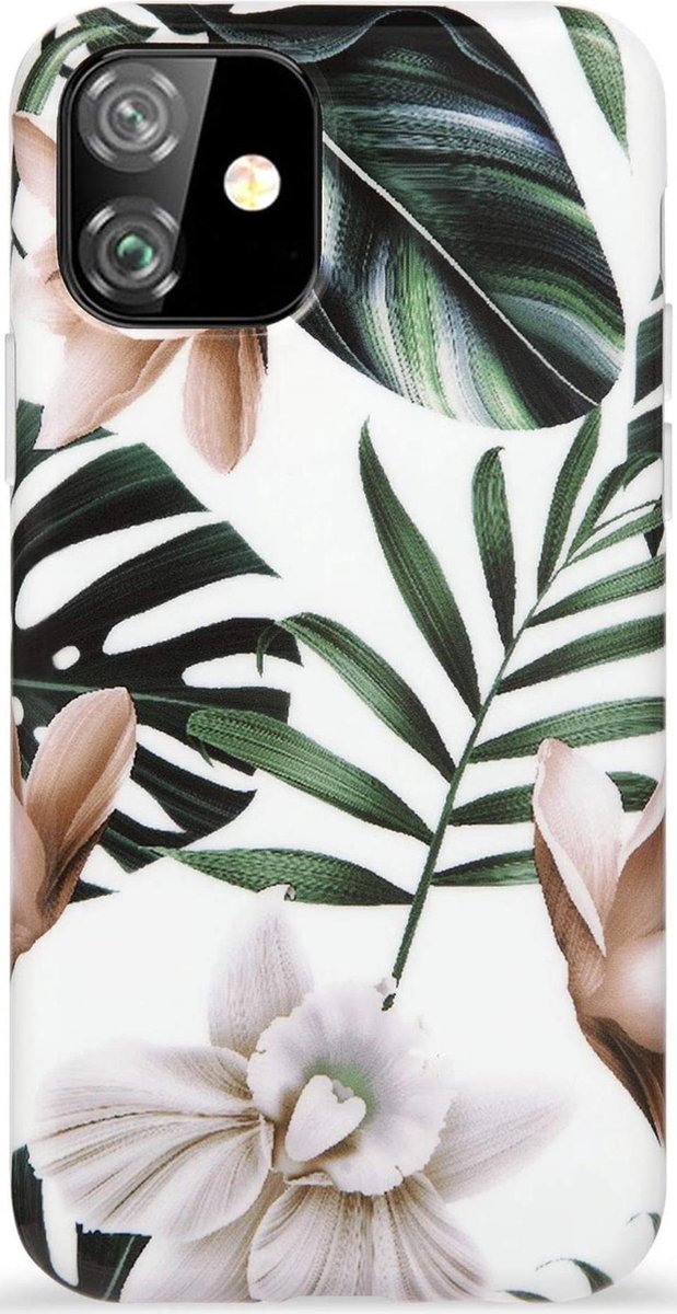 Geschikt voor Apple iPhone 11 Backcover - Groen / Wit - Bloemen - Soft TPU Hoesje