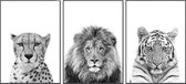 Zwart/wit dieren posters - 3 stuks - 30x40 cm - Cheetah, leeuw & tijger
