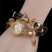 Dames boog bladeren hanger diamanten armband quartz horloge (goud zwart)