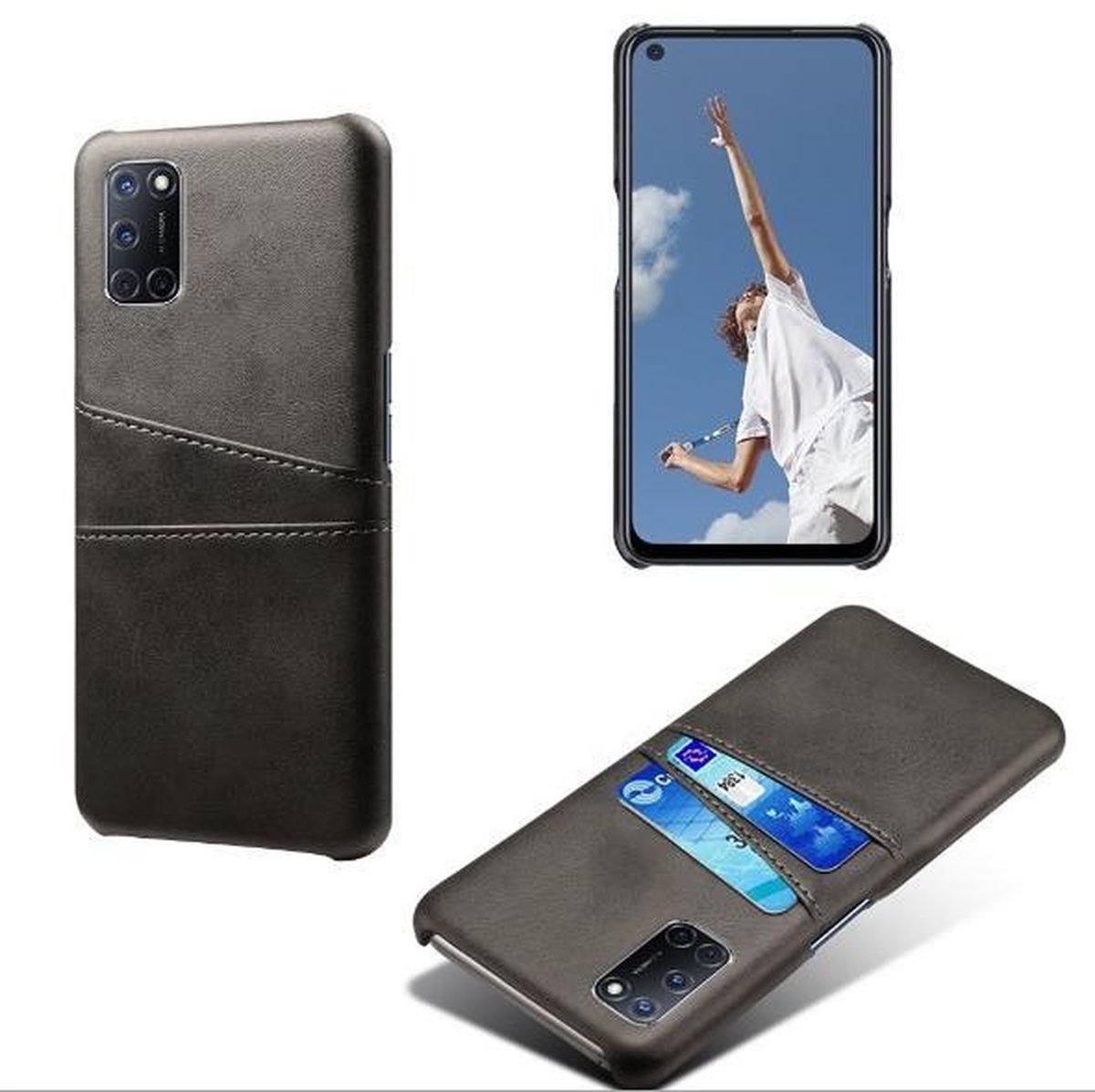 Back Cover met Opbergvakjes + Gehard Glas Screenprotector voor OPPO A72 / A52 / A92 _ Zwart
