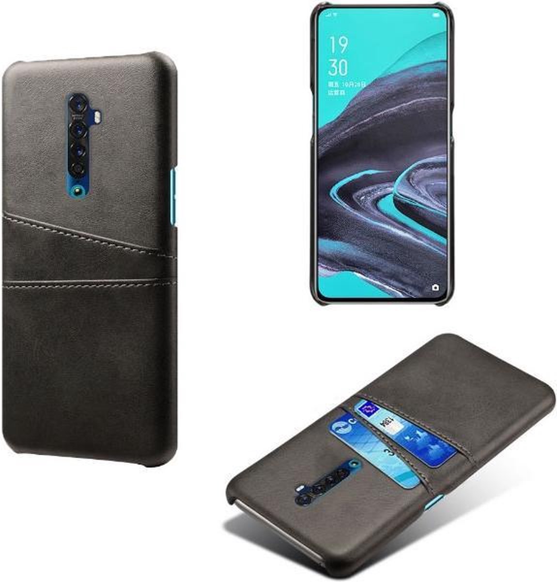 Back Cover met Opbergvakjes + Gehard Glas Screenprotector voor OPPO Reno 2 _ Zwart