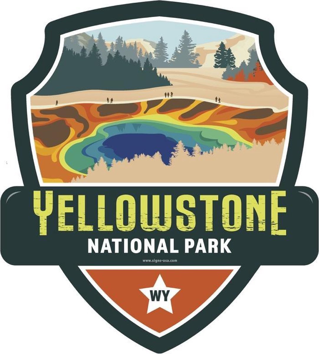 Signs-USA Landmark YELLOWSTONE GRAND PRISMATIC National Park - Wandbord - 28 x 31 cm Blauw, oranje, geel, groen