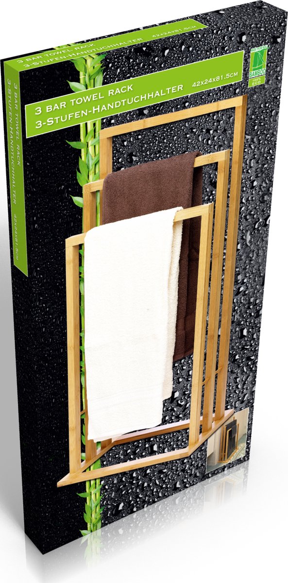 Luxe handdoek badkamer rek zwart 3 stangen metaal/bamboehout 45 x 84 cm