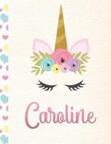 Caroline: Personalized Unicorn Primary Handwriting Notebook For Girls With Pink Name - Dotted Midline Handwriting Practice Paper