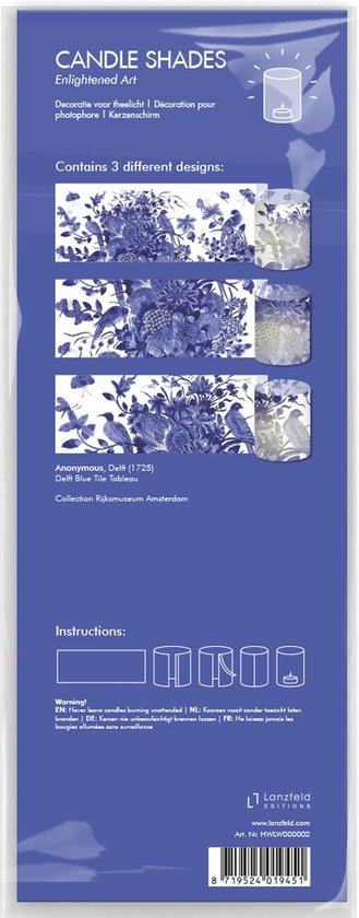 Achterkant van de verpakking met drie Delfts blauwe kaarshouder designs: bloemen, vogels en vlinders. Instructies inbegrepen.