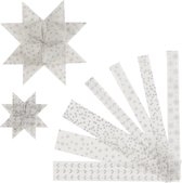 Papieren vlechtstroken. zilver. wit. L: 44+78 cm. B: 15+25 mm. d 6.5+11.5 cm. 48 stroken/ 1 doos