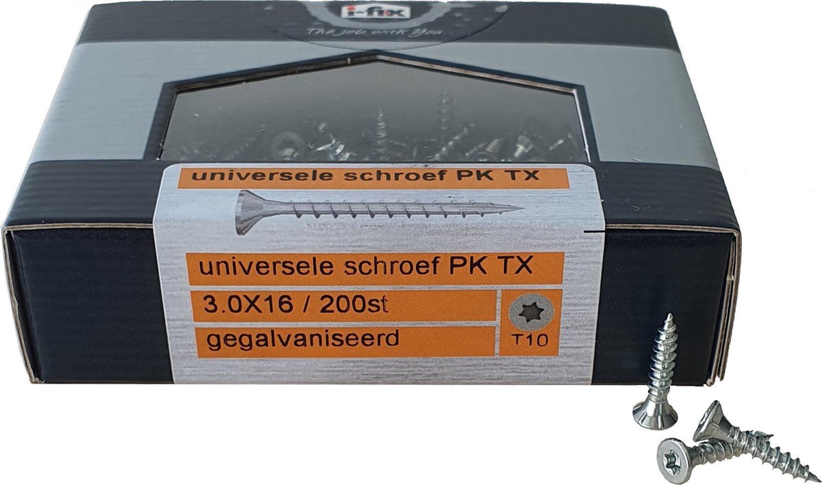 Universele Hardhoutschroef. professioneel. Verzinkt. 3.0 x 16mm. lang. Platkop-Torx-T-10. 200 spaanplaatschroeven. Ifix-Pro.