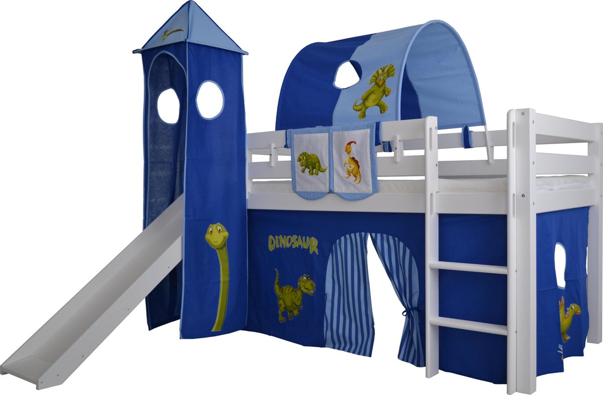 Speeltent voor bed half hoogslaper met toren en glijbaan Dino print -  Blauw/donkerblauw | bol.com