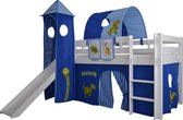 Complete tentconstructie met toren geschikt voor bed met glijbaan Dino print - Blauw/donkerblauw