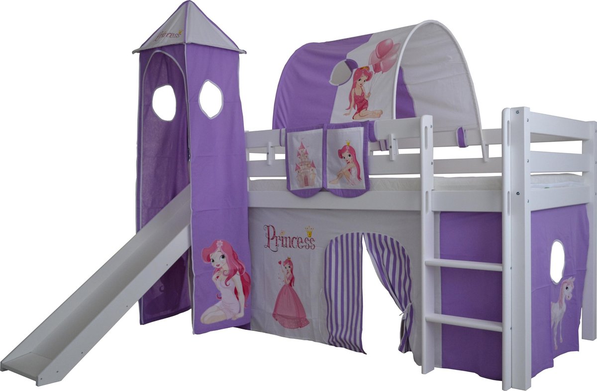 Speeltent voor bed half hoogslaper met toren en glijbaan Prinses print -  Paars | bol.com