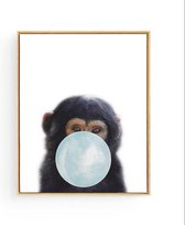 Postercity - Design Canvas Poster Baby Aapje Blauwe Kauwgom / Kinderkamer / Dieren Poster / Babykamer - Kinderposter / Babyshower Cadeau / Muurdecoratie / 50 x 40cm