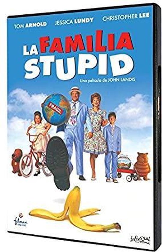 DVD-hoes met de tekst 'La Familia Stupid'. Een gezin staat voor een wereldbol met 'Fragil' erop. Een bananenschil ligt op de grond.