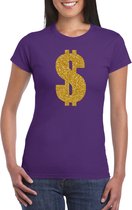 Gouden dollar / Gangster verkleed t-shirt / kleding - paars - voor dames - Verkleedkleding / carnaval / outfit / gangsters XXL