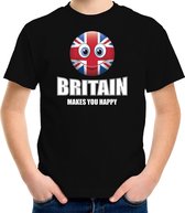 Britain makes you happy landen t-shirt Verenigd Koninkrijk zwart voor kinderen met Emoticon M (134-140)