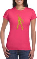 Bellatio Decorations disco verkleed t-shirt voor dames - roze - gouden glitter - jaren 70/80 XL