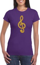 Gouden muzieknoot G-sleutel / muziek feest t-shirt / kleding - paars - voor dames - muziek shirts / muziek liefhebber / outfit XS