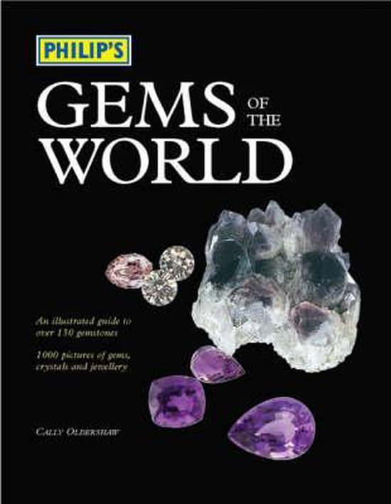 Boekomslag van Philip's Gems of the World, met op de zwarte achtergrond de titel in witte letters. Rechts een cluster van paarse kristallen en enkele geslepen edelstenen, waaronder roze en paarse varianten.