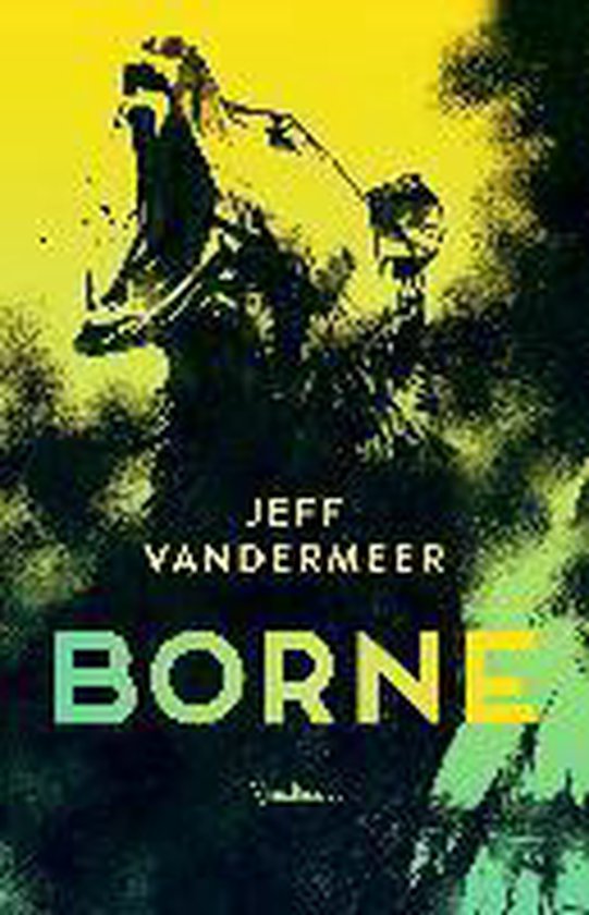 Couverture du livre "Borne" avec un ours pixélisé jaune et vert gueule ouverte.