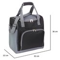 Grote zwarte en grijze koeltas van 32x22x36 cm met twee ritssluitingen aan de voorkant en een schouderband.