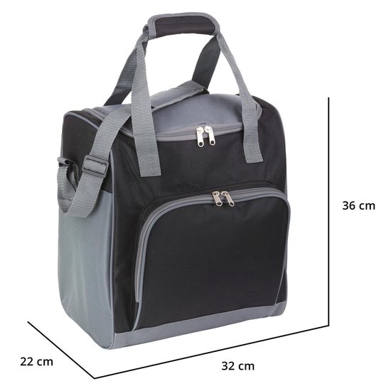 Grote zwarte en grijze koeltas van 32x22x36 cm met twee ritssluitingen aan de voorkant en een schouderband.