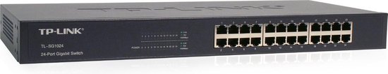 Zwarte TP-Link TL-SG1024 24-poorts Gigabit Switch met 24 ethernetpoorten.