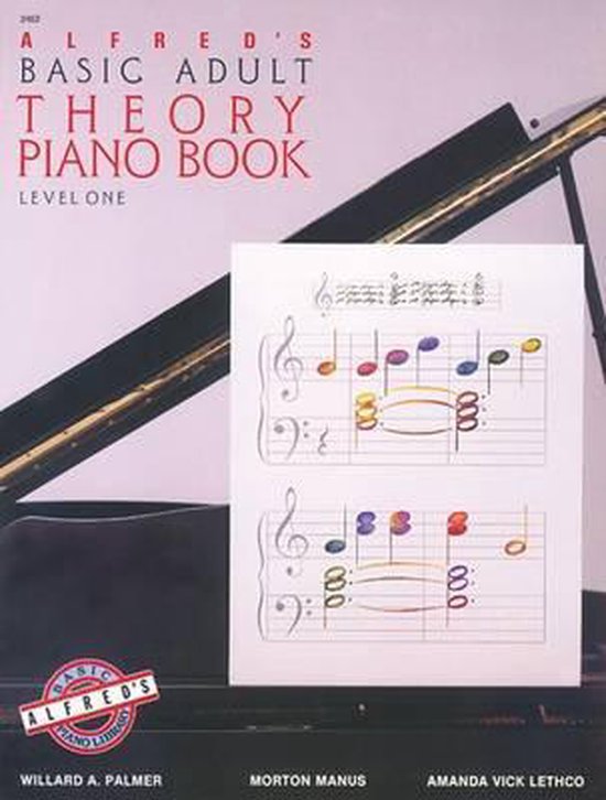 Alfred's Basic Adult Piano Theory Book, Level One, met bladmuziek op de voorgrond.