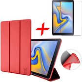 Samsung Galaxy Tab A 10.5 (2018) Hoes Smart Book Case Siliconen Rood + Screenprotector Gehard Tempered Glas - Tri-Fold Hoesje van iCall