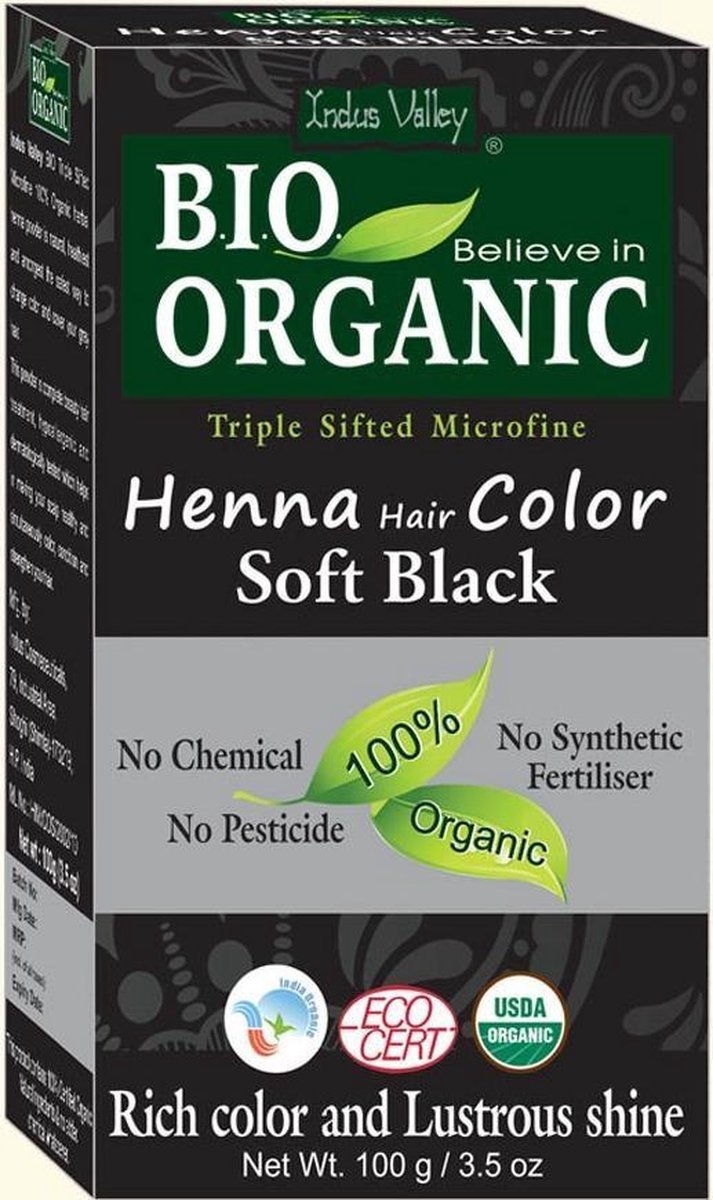 Indus Valley BIO ORGANIC HENNA Soft Black 100% Natuurlijke Haarverf Zonder Ammoniak, Ammonia, PPD, PTD, Peroxide, Waterstofperoxide etc. met o.a. ECOCERT 100g