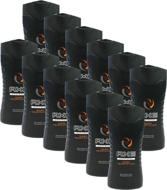 Douze flacons noirs Axe Bodywash Dark Temptation avec logo orange.