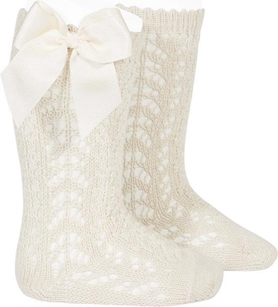 Cóndor Kniekous Opengewerkt Grosgrain Strik | 2519/2 | Linen/Beige | 0-3 mnd | maat 000