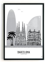 Skyline Poster Barcelona Zwart-Wit in kunststof Fotolijst