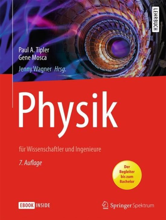 Cover van het boek 'Physik' met een rood ontwerp en afbeelding van een deeltjesversneller in paars en blauw.
