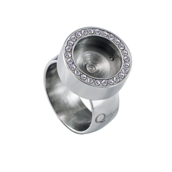 Quiges RVS Schroefsysteem Ring met Zirkonia Zilverkleurig Glans 18mm met Verwisselbare Glitter Goudkleurig 12mm Mini Munt