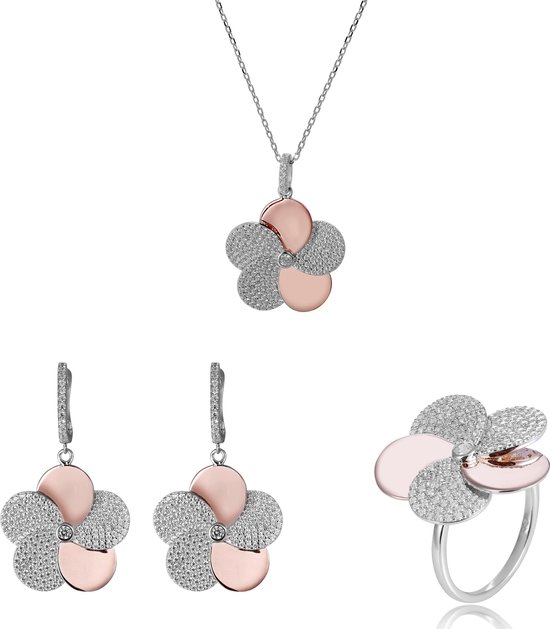 Orphelia SET-7452/52 - Parure de bijoux Fleur: Collier + Boucles d'oreilles + Bague - Argent 925 Bicolore Blanc / Rosé - Zircone - 42 cm / Taille de bague 52
