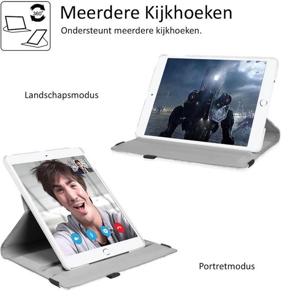 Grijs tablethoes in staande modus, landschapsmodus en portretmodus.