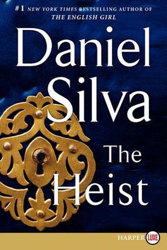 Boekcover: 'The Heist' door Daniel Silva. Gouden slot met blauwe achtergrond.