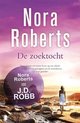 Boek "De zoektocht" van Nora Roberts. Een vrouw in witte jurk loopt op een rotsachtig strand bij zonsondergang.