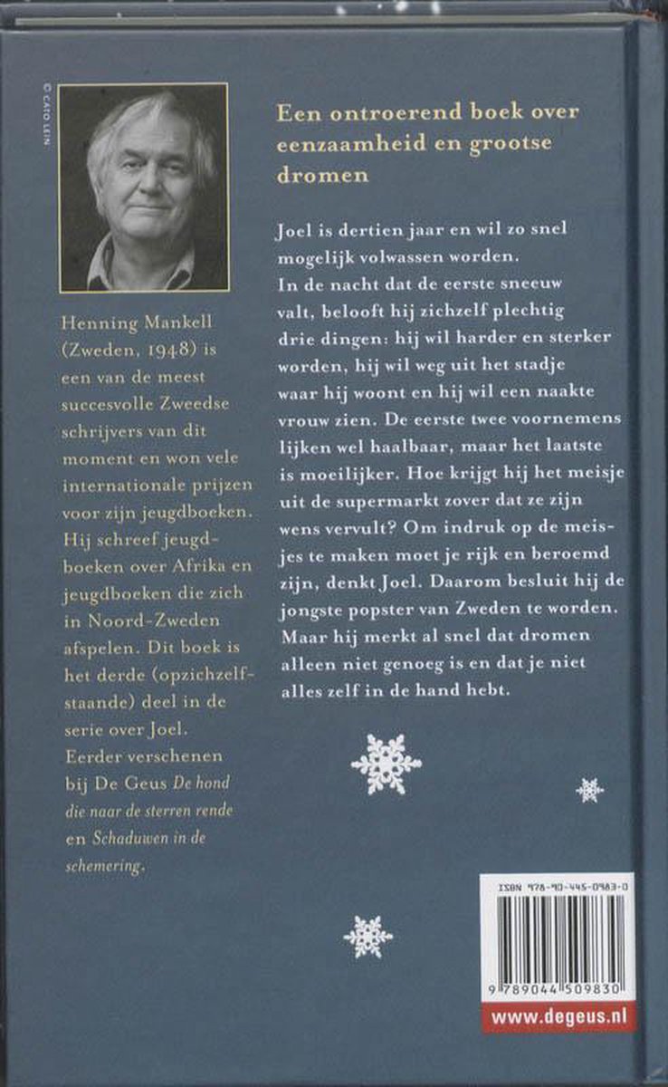 Achterkant van een boek met een portret van Henning Mankell. Titel en tekst in het Nederlands.