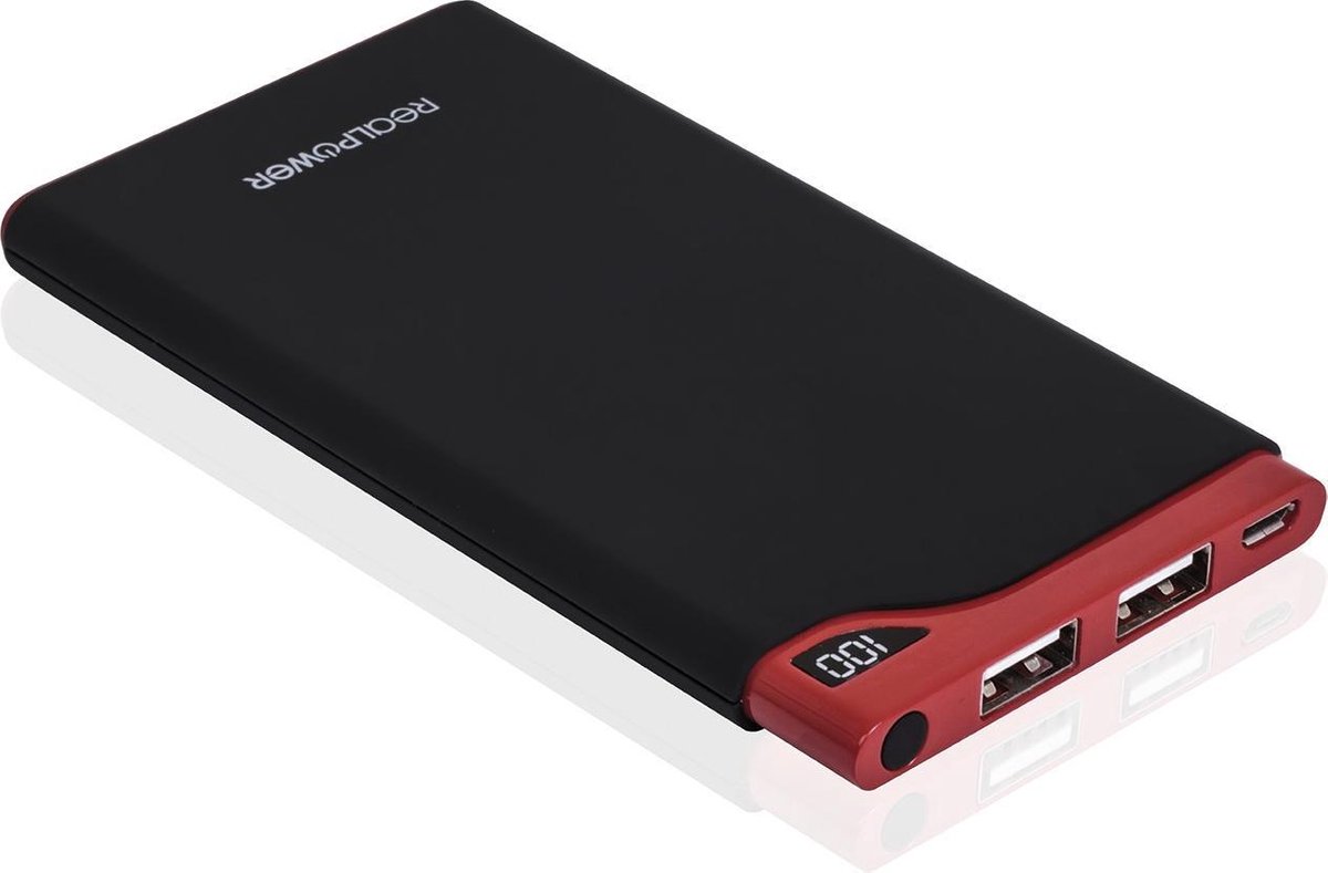 RealPower PB-6000S Slim line powerbank, Dunne LiPo batterijen, 6.000 mAh, 2 x USB max. 2.4A met display percentage resterende capaciteit zwart-rood