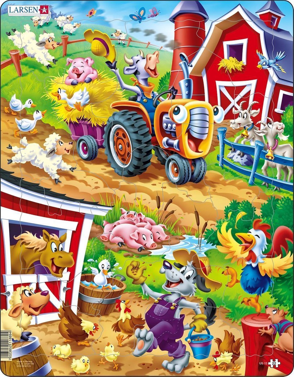 Larsen op de boerderij - puzzel - dieren - boerderij - educatieve legpuzzel voor kinderen - 22 stukjes - gemaakt in noorwegen - extra dikke 2,5 mm stukjes - tray met vaste rand