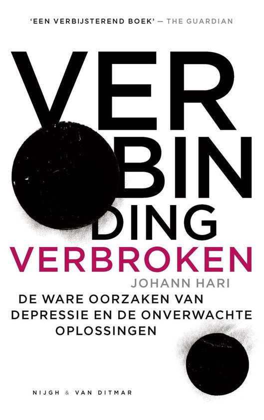 Boekomslag met de titel VERBINDING VERBROKEN in grote letters, met zwarte cirkels en tekst.