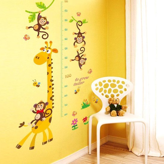 Vrolijke sticker voor muur of glas met meetlat, giraffe en apen - Voor  babykamer of... | bol.com