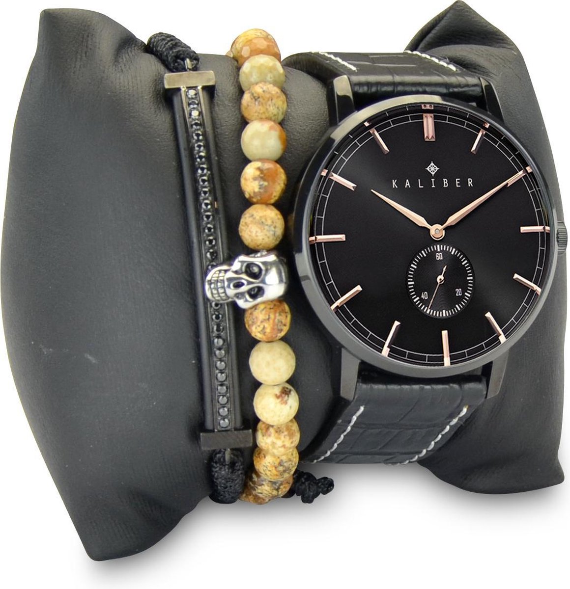 Kaliber 7KA SET010 Horloge Set met Armbanden - Leren Band - Ø 40 mm - Zwart - Rosékleurig