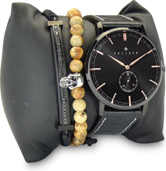 Kaliber 7KA SET010 Horloge Set met Armbanden - Leren Band - Ø 40 mm - Zwart / Rosékleurig