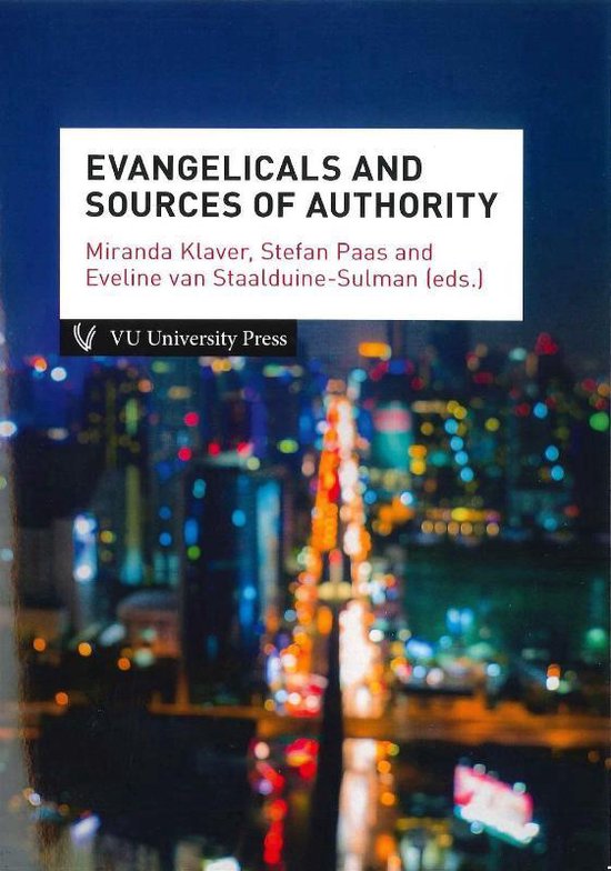Boekomslag met de titel 'Evangelicals and Sources of Authority'. De achtergrond is een nachtelijk stadsgezicht met veel lichtjes.