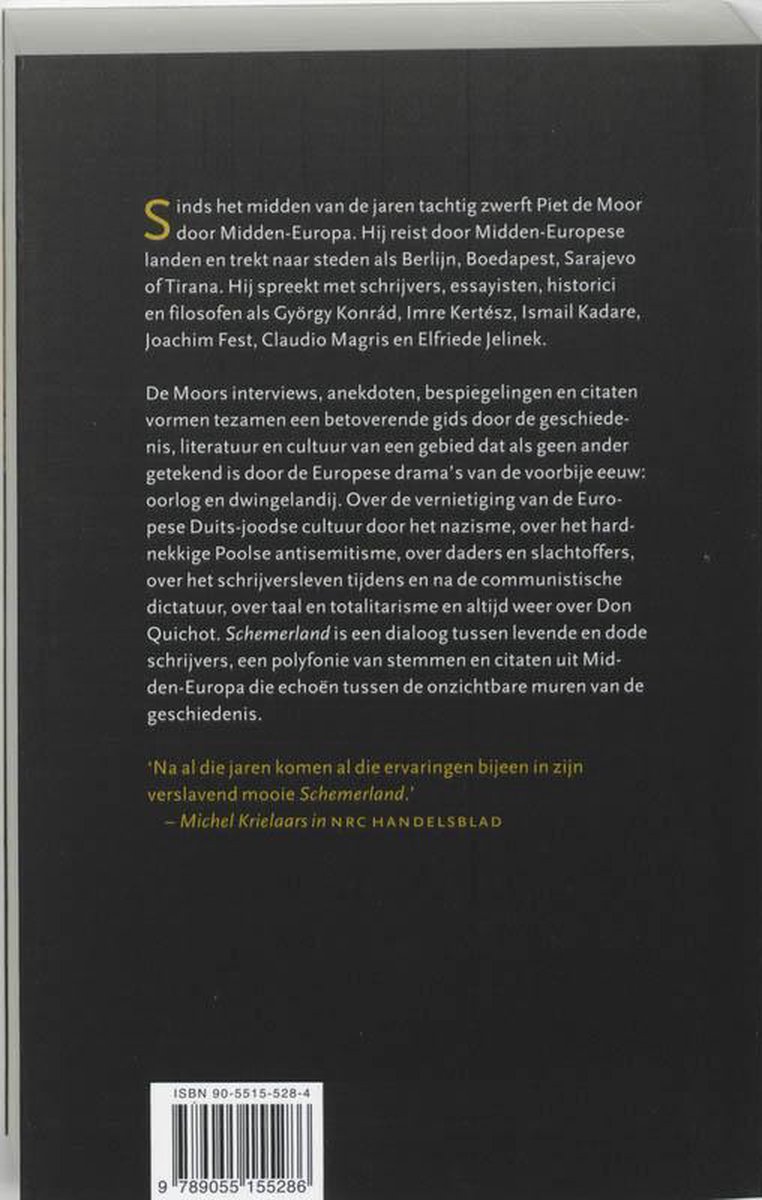 Achterkant van het boek Schemerland met tekst en ISBN-nummer.